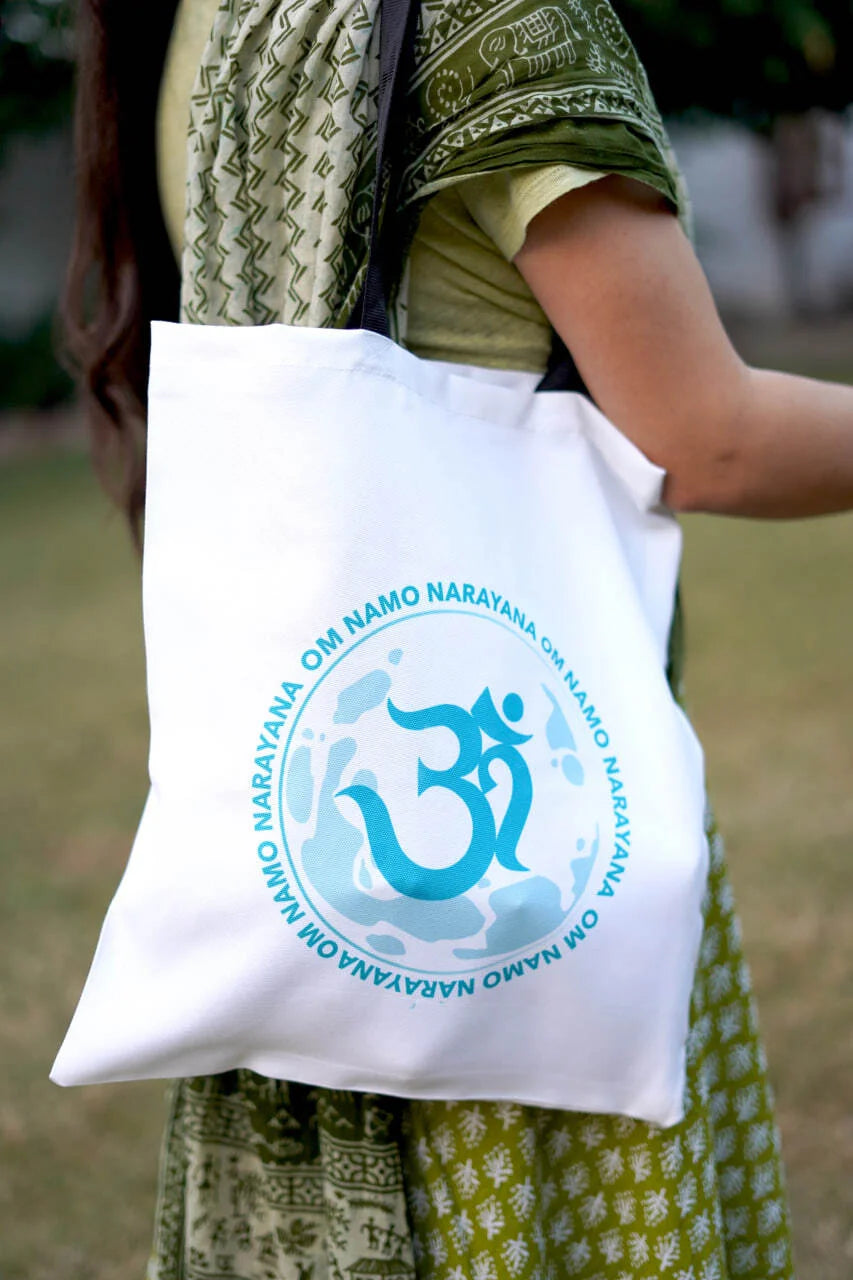 White canvas tote bag with teal Om Namo Narayana mantra circle print - Bhakti Shop