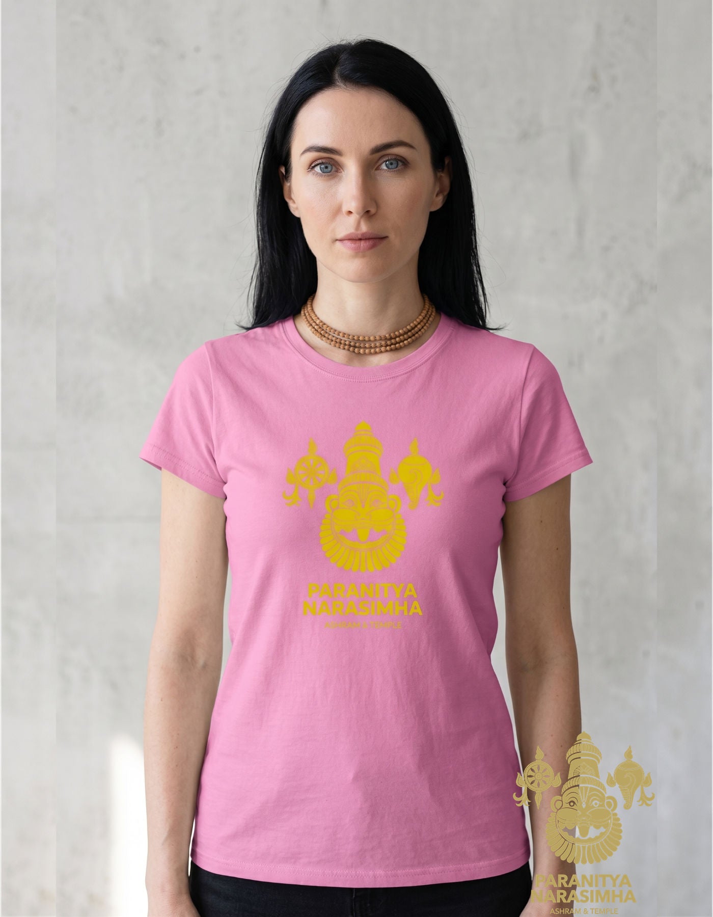 Close-up of gold Narasimha face, shank, and chakra print on semi-fitted tee fabric - Bhakti Shop