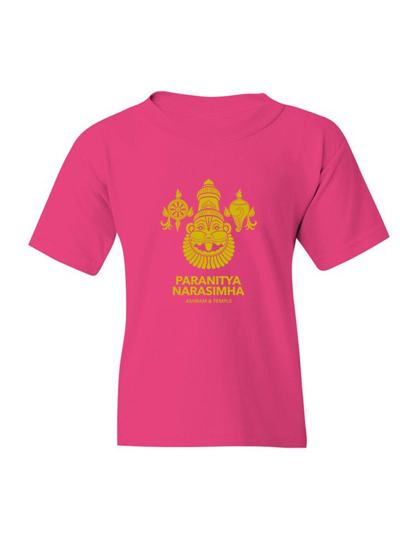 Heliconia pink youth t-shirt with gold Paranitya Narasimha logo and Ashram & Temple text - Bhakti Shop