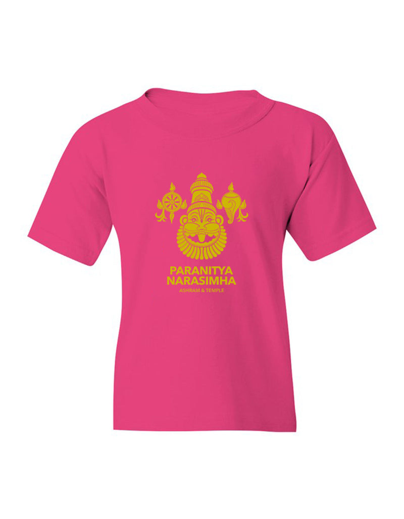 Heliconia pink youth t-shirt with gold Paranitya Narasimha logo and Ashram & Temple text - Bhakti Shop